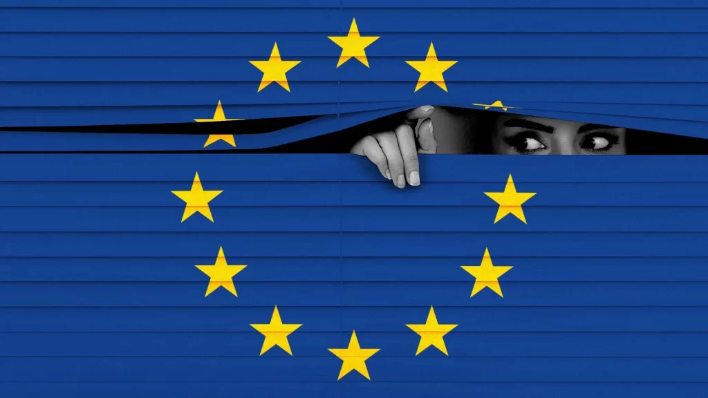 European Union flag, eyes peering through flag