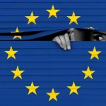 European Union flag, eyes peering through flag