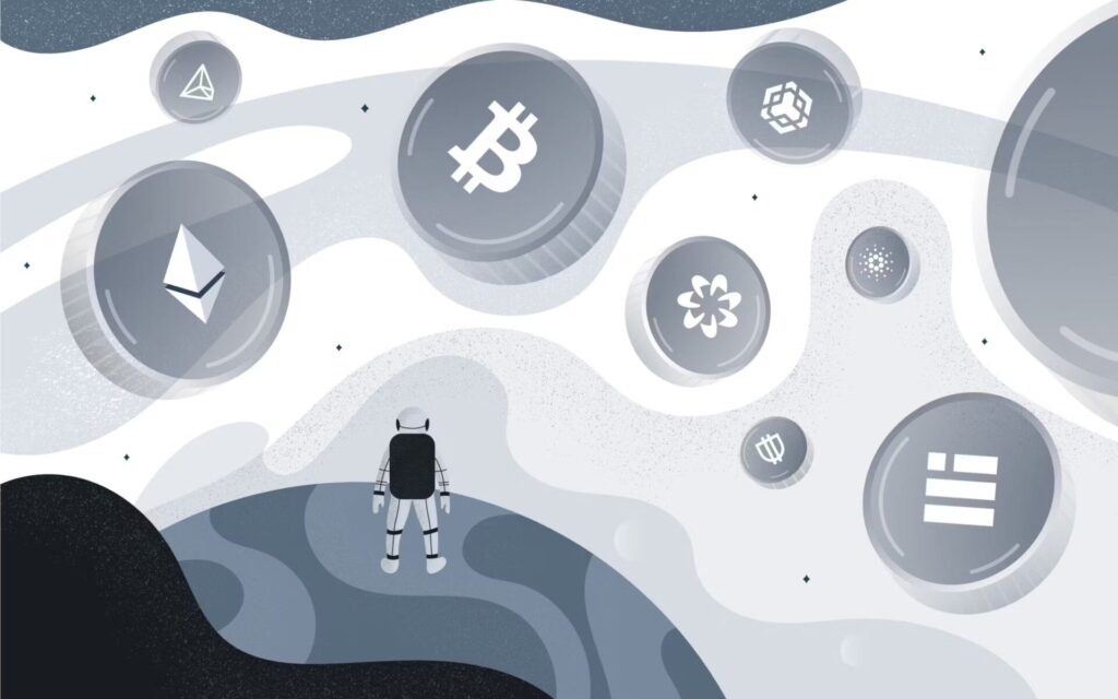 Illustration of astronaut with various crypto logos