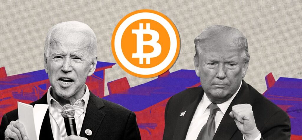 Illustration of Donald Trump and Joe Biden bright colors with Bitcoin logo