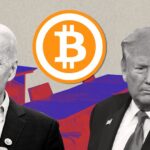 Illustration of Donald Trump and Joe Biden bright colors with Bitcoin logo