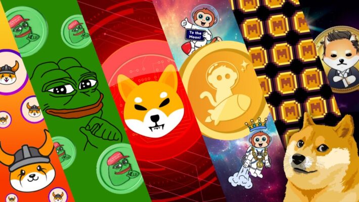 Popular memecoin images including Dogecoin, Shiba Inu, Pepe and Floki