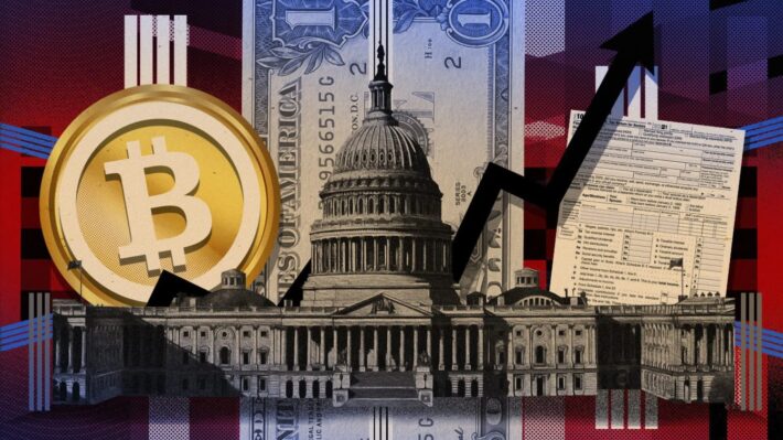 USA Capital buildings, dollar notes, Bitcoin image