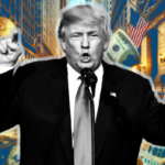 Donald Trump giving speech, with US flag and dollars in the background.