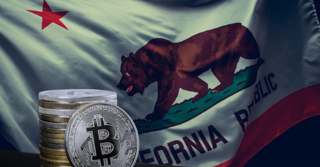 Illustration of Bitcoin Image, California logo and flag