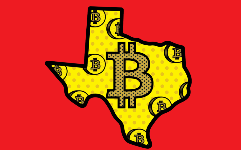 Map of Texas, Bitcoin logo in the middle.