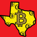 Map of Texas, Bitcoin logo in the middle.