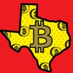 Map of Texas, Bitcoin logo in the middle.