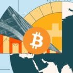 Bright Bitcoin logo, world map, bright colors
