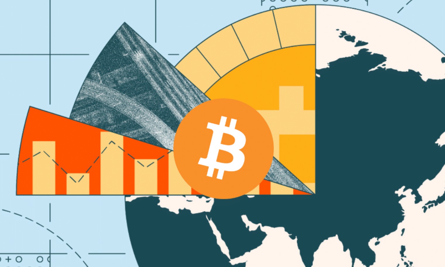 Bright Bitcoin logo, world map, bright colors