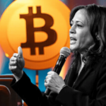 Kamala Harris talking with microphone, Bitcoin image in background.