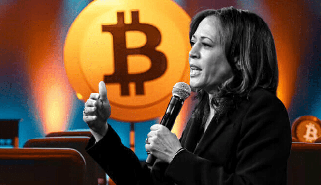 Kamala Harris talking with microphone, Bitcoin image in background.