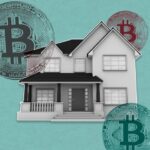 Illustration of a house with Bitcoin logos.