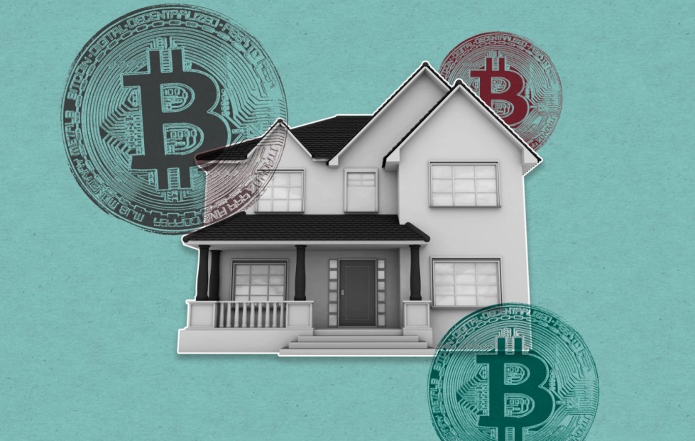 Illustration of a house with Bitcoin logos.