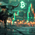 Digital illustration of a bull with bitcoin image and digital graphs