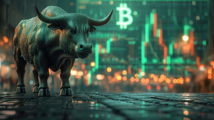 Digital illustration of a bull with bitcoin image and digital graphs