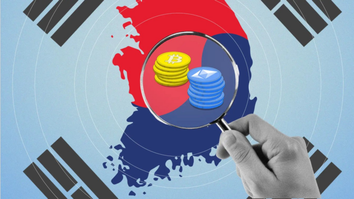 Map of South Korea with flag under magnified glass.