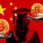 Chinese flag, lady in graduation uniform, Bitcoin images.