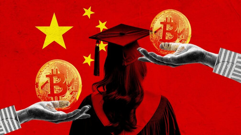 Chinese flag, lady in graduation uniform, Bitcoin images.