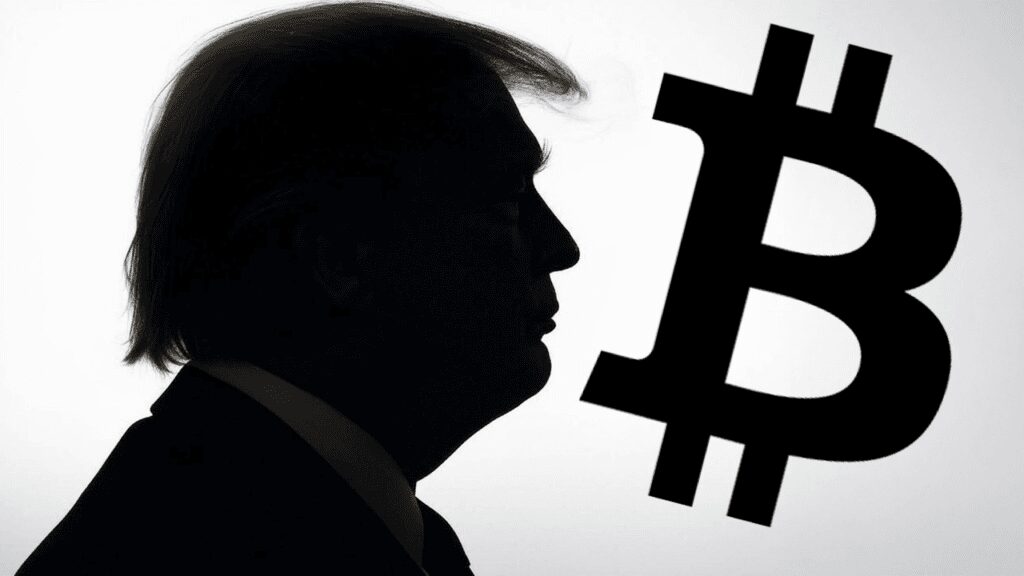 Black and white image of Donald Trump with Bitcoin logo.