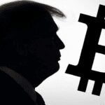 Black and white image of Donald Trump with Bitcoin logo.