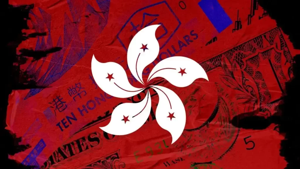 Image of Hong Kong flag with currencies in the background.