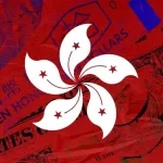 Image of Hong Kong flag with currencies in the background.