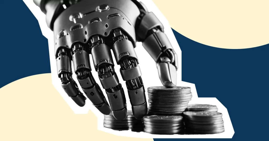 Artificial Intelligence hand touching coins.