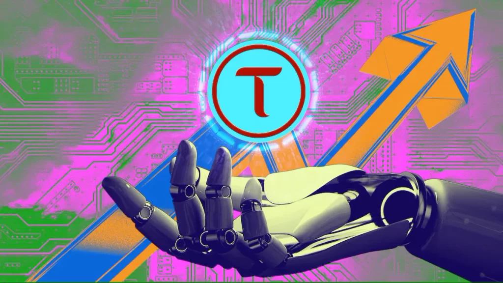 Artificial Intelligence Hand with Bittensor logo.