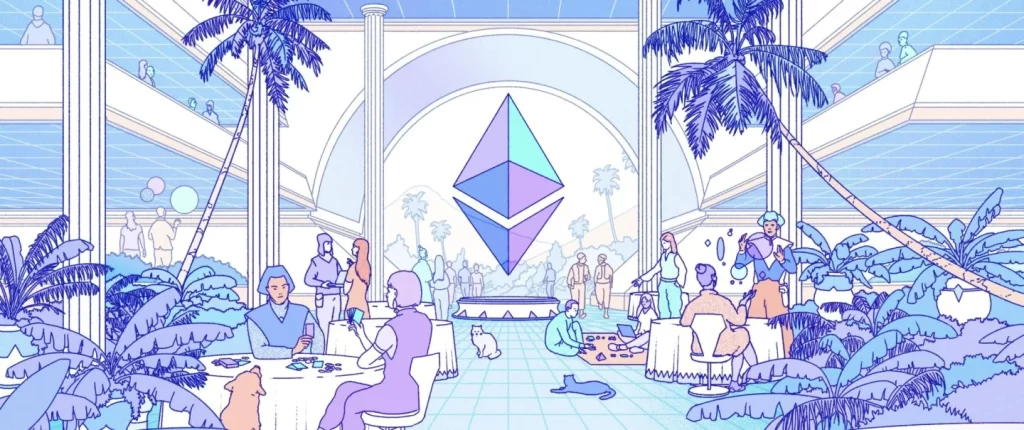 Colorful image of people with ethereum logo.