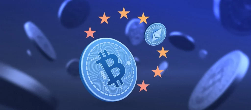 Bitcoin and ethereum logos with European Union flag