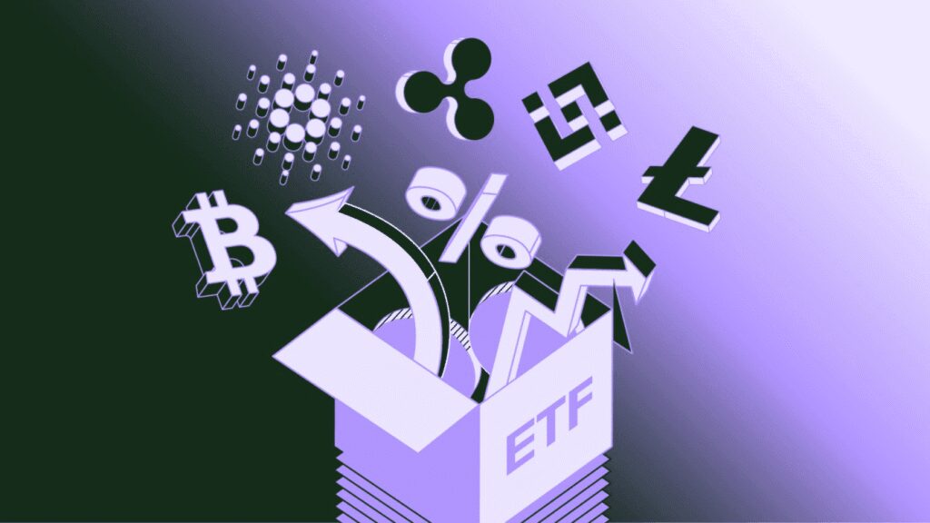 Altcoins exploding out of a box with ETF sign.
