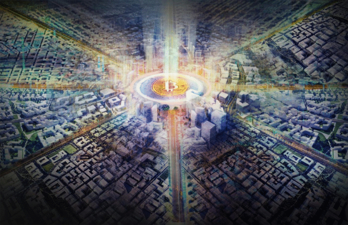 Illustration of a city with all roads leading to Bitcoin.