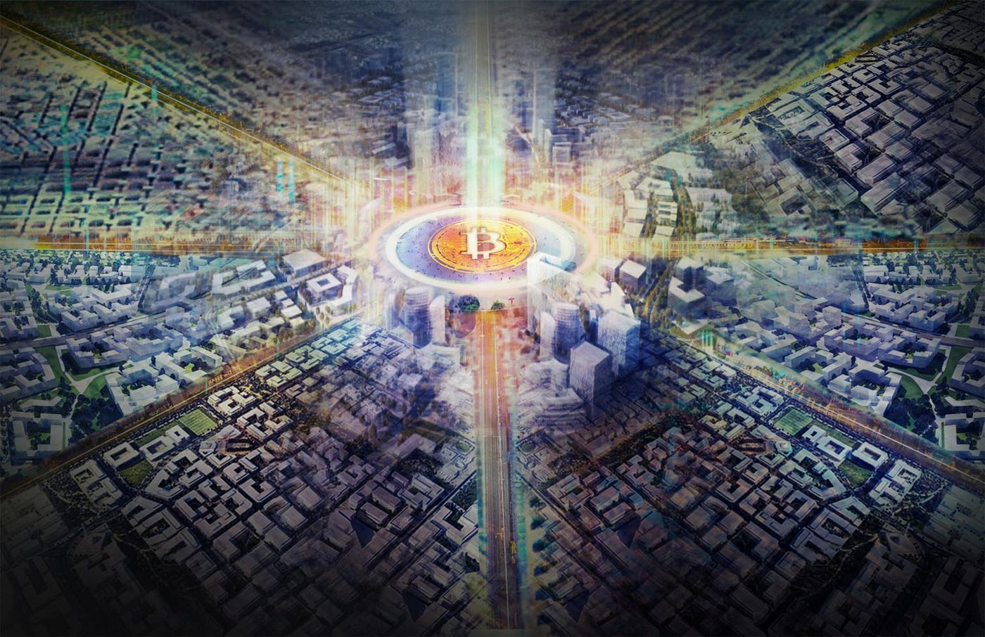 Illustration of a city with all roads leading to Bitcoin.