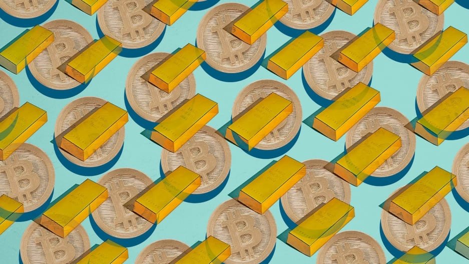 Bitcoin and gold bar images