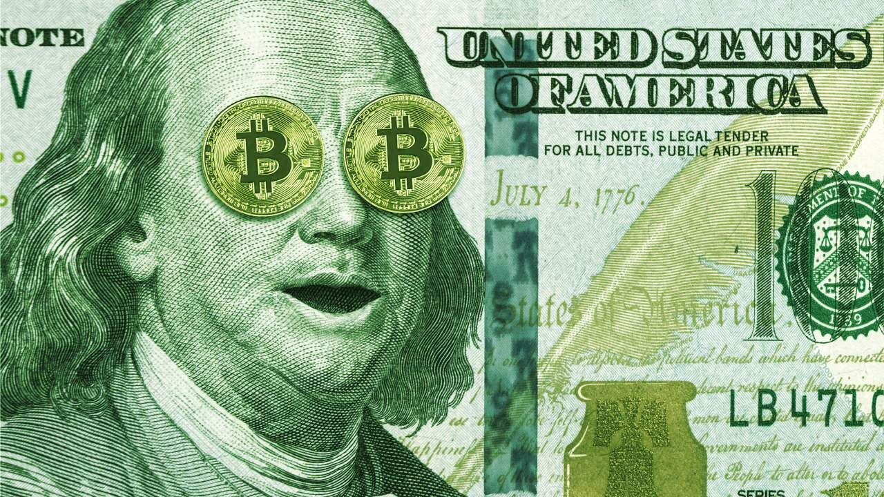 US Dollar bill with Bitcoin eyes