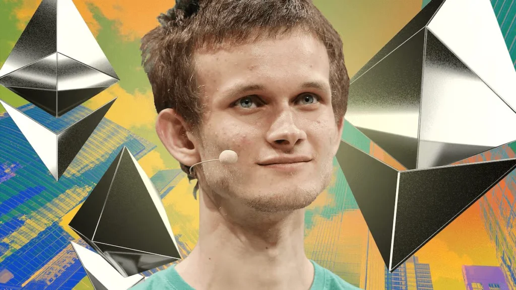 Vitalik Buterin, micraphone, ethereum logo.