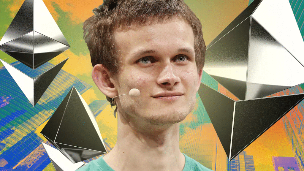 Vitalik Buterin, micraphone, ethereum logo.