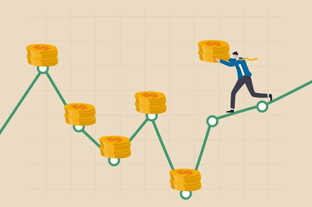 Cartoon image of a man managing his financial portfolio.
