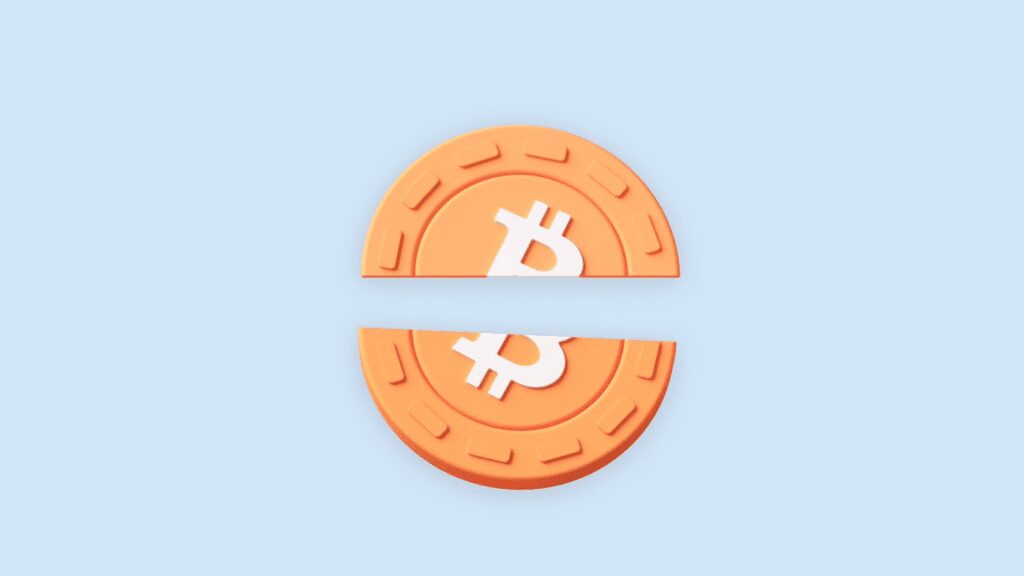 Bitcoin image cut in half reflecting the halving.