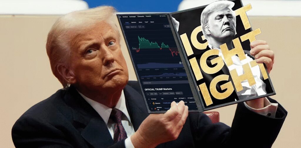 Donald Trump holding up Fight memecoin board