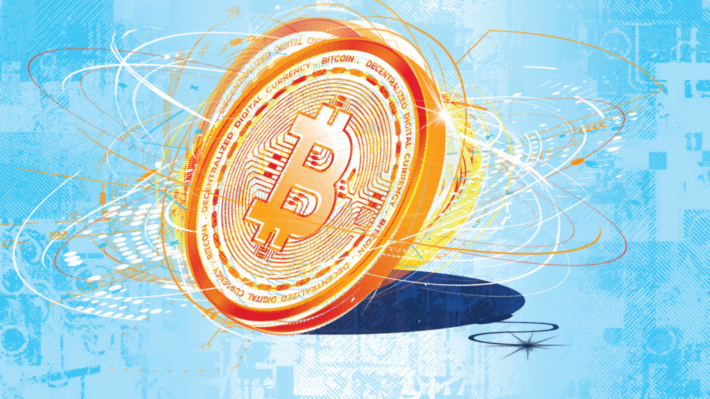 Bright, colourful Bitcoin image.