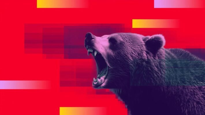 Bear growling with red background signalling bearish conditions.