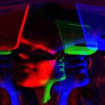 Image of human with Metaverse goggles on.