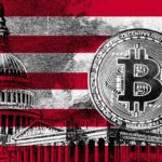 Government buildings, USA flag and Bitcoin logo