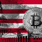 Government buildings, USA flag and Bitcoin logo