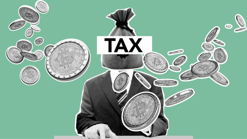Crypto tax, sign, human in suit, coins.