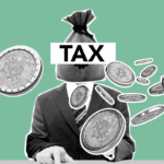 Crypto tax, sign, human in suit, coins.