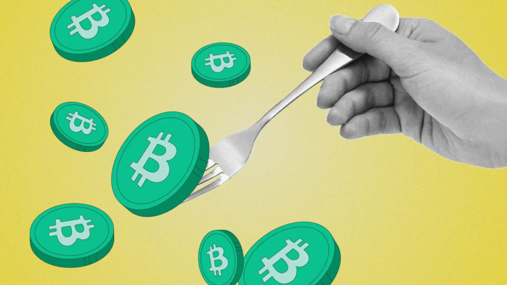 Hand with fork collecting Bitcoin images