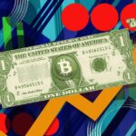 Colorful US dollar note with bullish graphs and images.